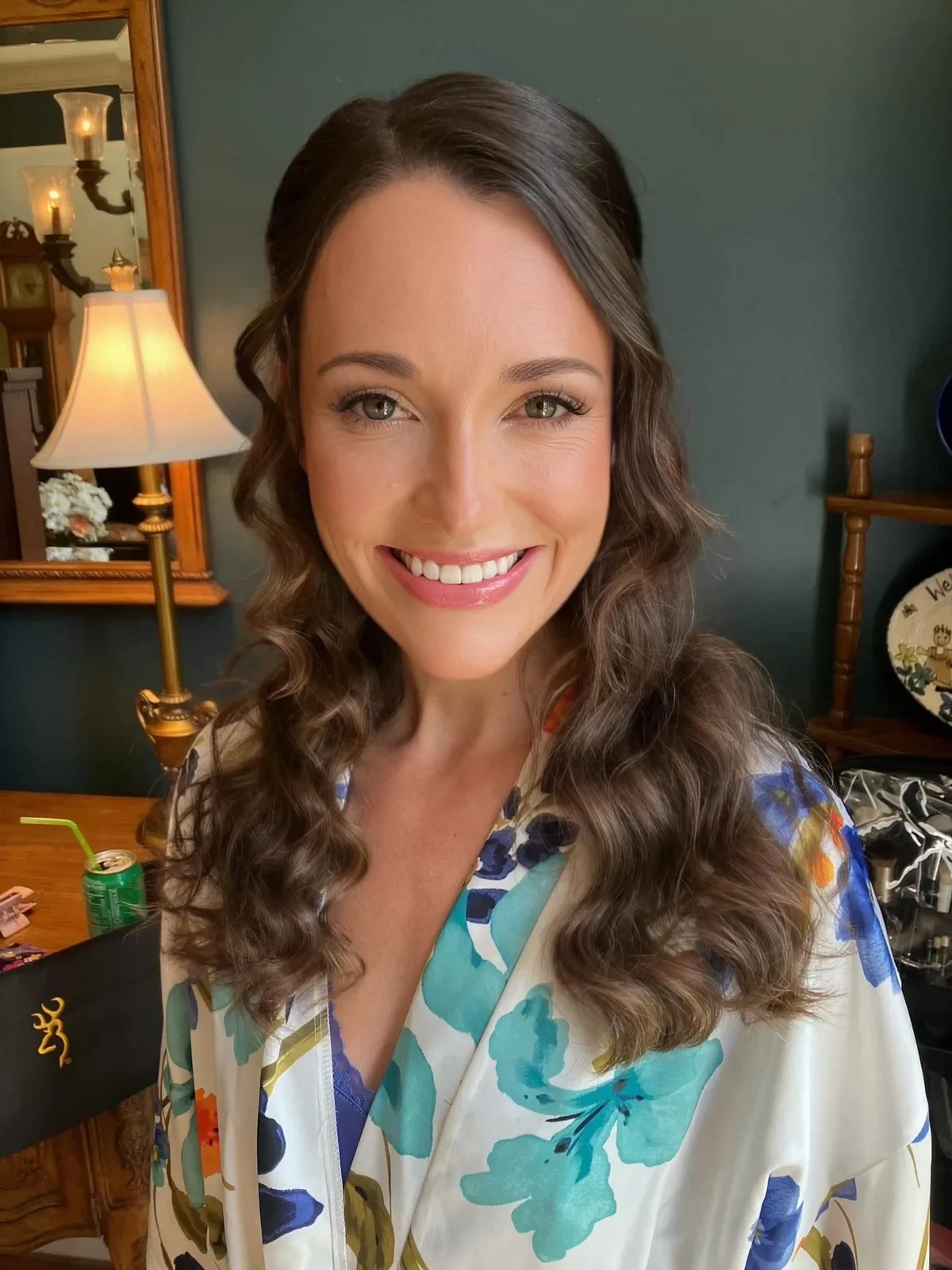 Brunette half-up waves with soft-glam makeup