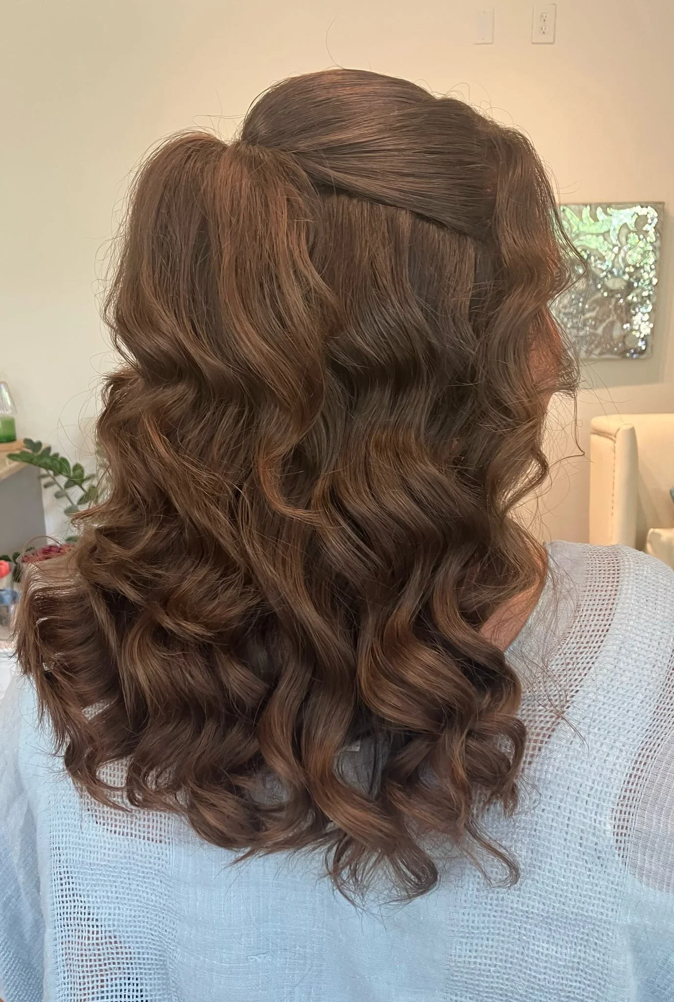 Back view of half-up bridal waves styled by Glow Salon & Spa in Carmel, Indiana