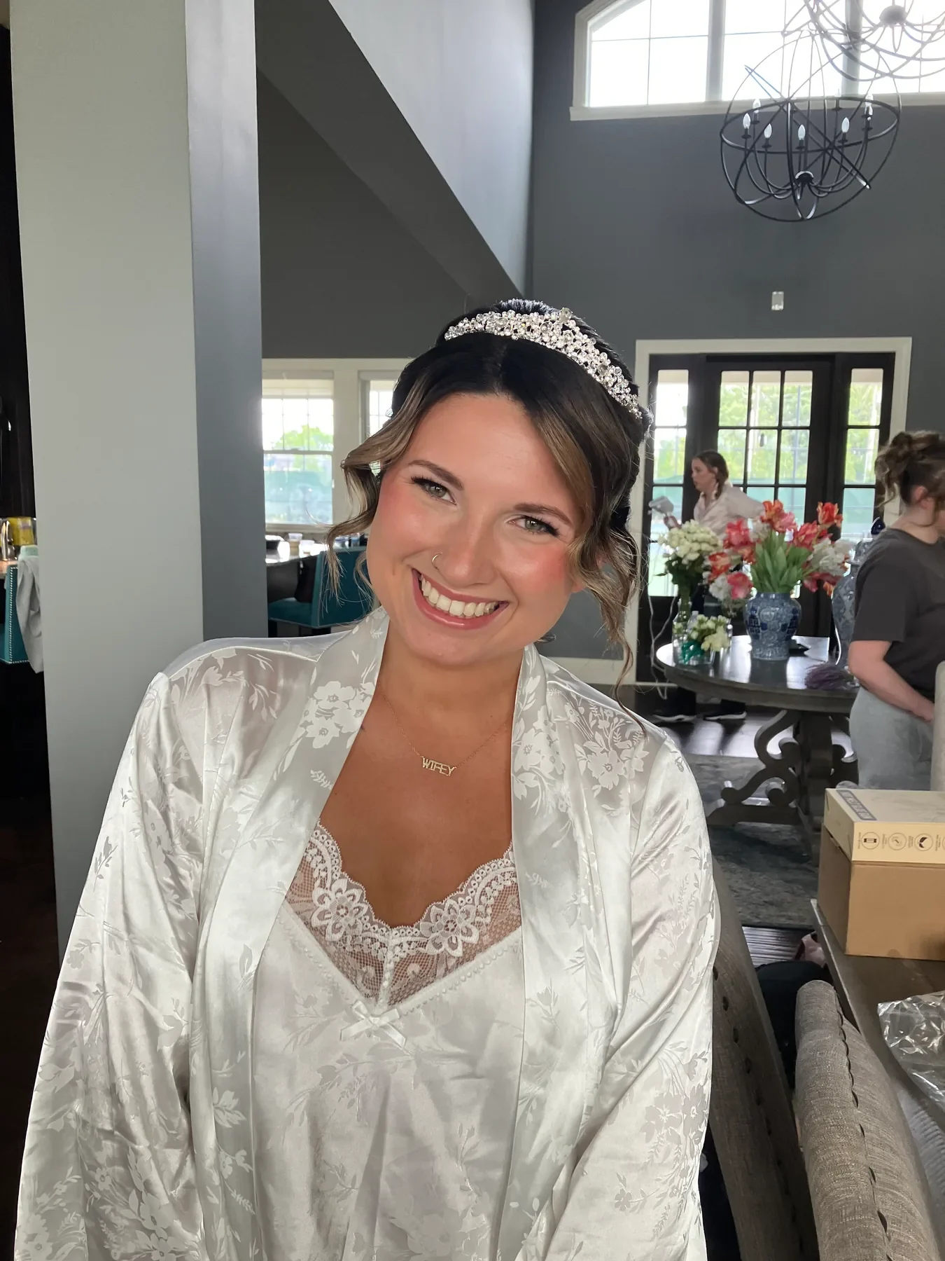 Soft-glam bridal makeup and tiara updo for an Indiana wedding